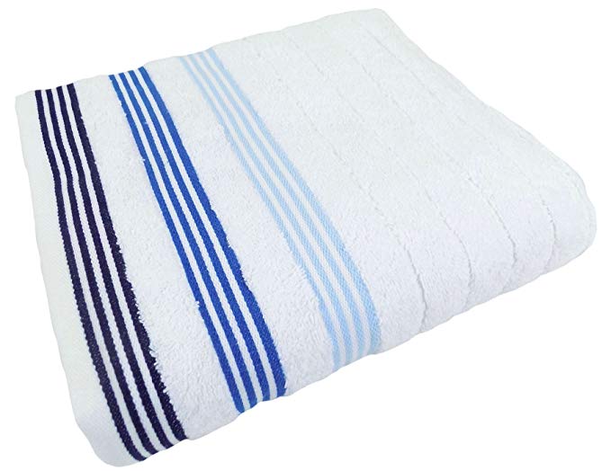 2 X TARGA BRIGHT FRESH 100% COTTON STRIPED STRIPE WHITE BLUE BATH TOWELS 66 X 117CM