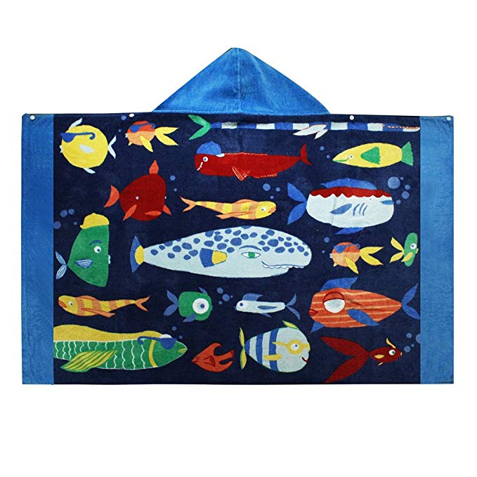 Violet Mist Kid Hooded Bath Towel Cotton Beach Poncho Towel For Boys Toddlers (Fish)