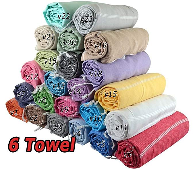 LoveHome Sale Set of 6 XL Turkish Cotton Peshtemal Towels, Hamam Towel Wrap Pareo Fouta Throw Peshtemal Pestemal Sheet Blanket, Black,Grey,Navy,Blue,Turquoise,Red,Yellow,Purple,Pink,Orange,Green