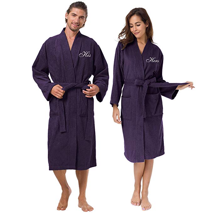 AW Couple's Terry Cotton Kimono Robe Spa Bathrobe Set - Unisex Hotel Robe with Elegant Script Embroidery