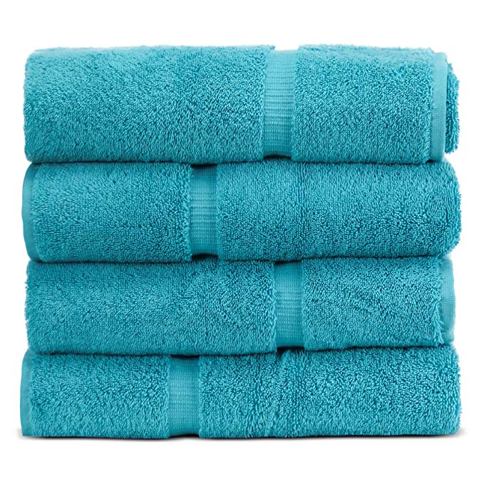 Towel Bazaar 100% Turkish Cotton 27 x 54 Inch, 4 Pack Bath Towel, Multi-purpose, Lightweight, Highly Absorbent Hotel Quality, Machine Washable Sport and Workout Towels, Dobby Border (Aqua Blue)