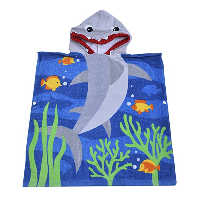 SearchI 32 Yarns Long-staple Cotton Kids Hooded Poncho Towel, Shark Undersea Cute Cartoon Beach Pool Bath Towel for Boys Girls Blue Gray