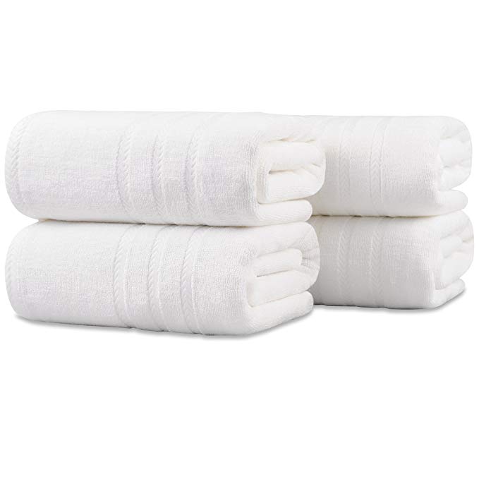 White Bath Towels Sets -Pack of 4 -Heavy Weight ,Oversize 28 X 55 Inch, 600 GSM, Made by Premium Bamboo Cotton,Ultra Soft for Everyday Use