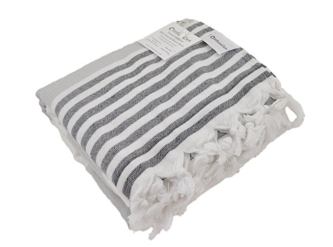 Oversized Turkish Towel, Soft Terry Cloth Back, Striped Turkish Bath Towel, Beach Towel, Extra Large Peshtemal Bath Sheet for Plus Size, Nautical Style Thin Hammam Towel, Cotton Fouta (GREY & BLACK)