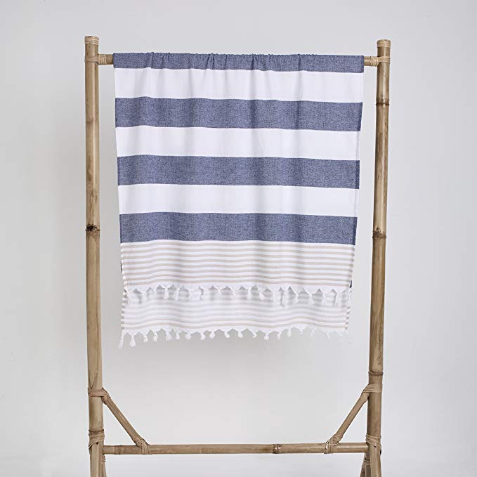 Loom by Design One Side Terry Striped Turkish Towel - Perfect Bath, Beach Sport, Gym, Camping, Swimming, Backpacking. Fast Drying - Super Absorbent, Ultra Compact, Lightweight, Stylish (Navy)