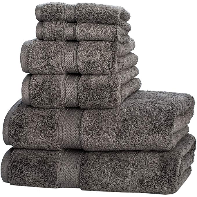 6-Piece Egyptian Cotton Charcoal Towel Set, Solid Color Pattern, Superior Collection Luxurious 900 GSM, Machine-Washable, Reach Look, Soft Feel Comfort And Long Lasting Handling, Sage Grey, Dark Grey