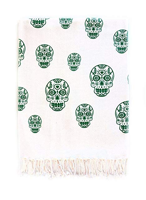 SKULL Pestemal Turkish Towel 100% Cotton - Yoga, Beach, Pool, Bath, Spa (Green)