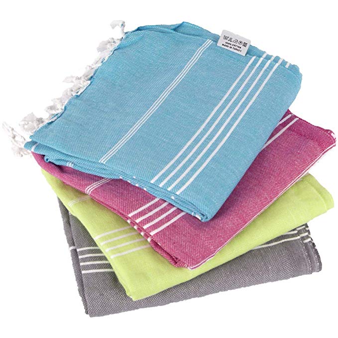 Clotho Classic Turkish Peshtemal Bath Towels 100% Cotton 39 X 70 Lightweight Stylish Bath Beach Spa and Fitness Towel (Pack of 4, Variety)